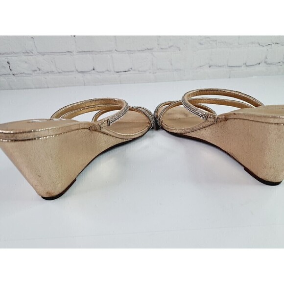 LONDON Fog Deserae Strappy Rhinestone Champagne Gold Wedge Sandals Size 10 - Picture 6 of 9